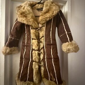 Vintage Baby Phat chocolate brown faux fur trimmed lined long coat in size 4